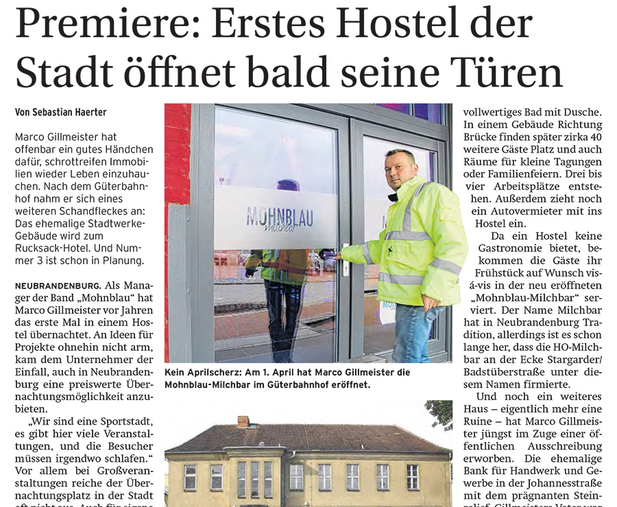 Premiere: Erstes Hostel der Stadt öffnet bald seine Türen - Artikelbild NK Neubrandenburger Zeitung